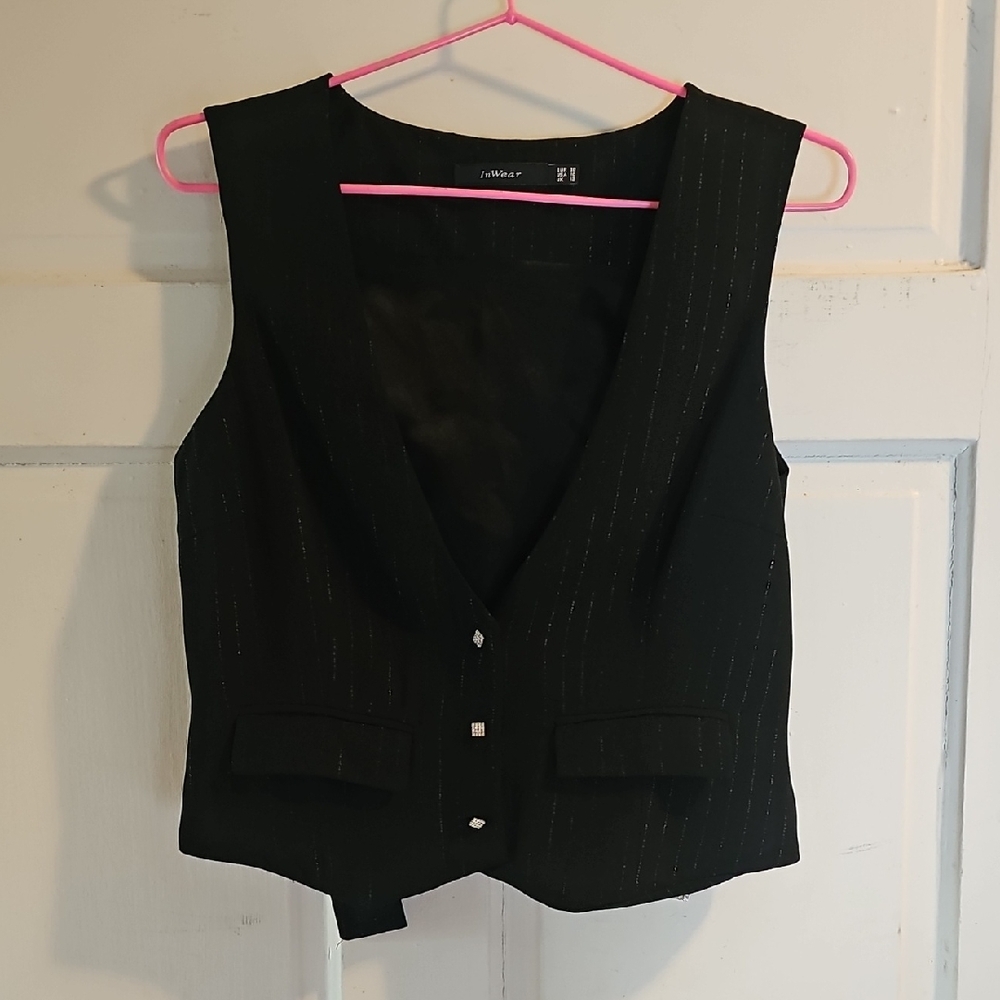 Black Women's Vest Top Silver Shiny Pin Stripes